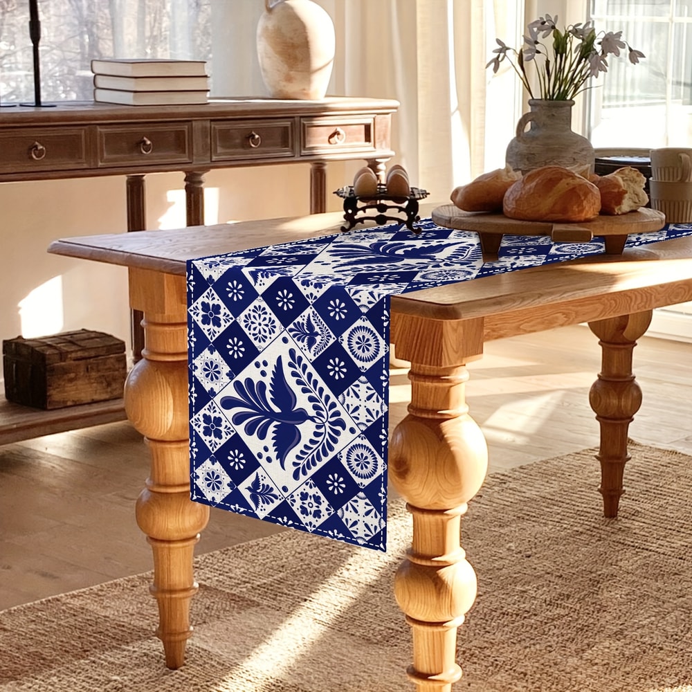 Elegant Mexican Blue Patchwork Table Runner For Dining Party Decor 2