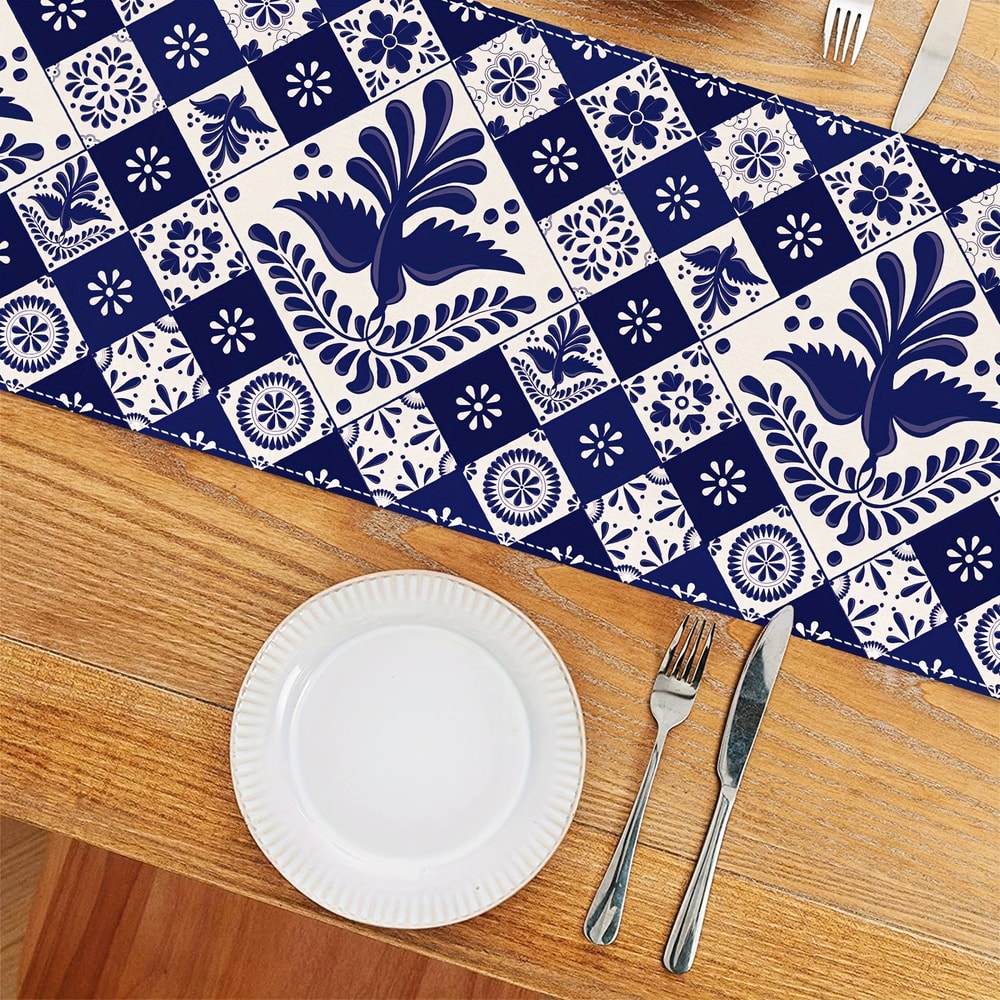 Elegant Mexican Blue Patchwork Table Runner For Dining Party Decor 3