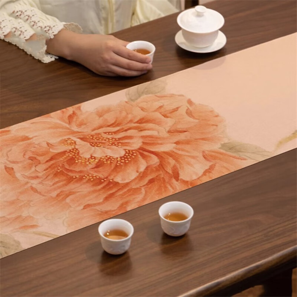 Waterproof Chinese Tea Mat Peony Zen Table Runner for Tea Tables