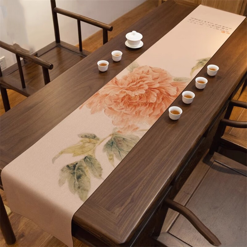 Waterproof Chinese Tea Mat Peony Zen Table Runner for Tea Tables