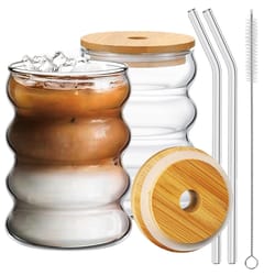 wave shape beverage glasses set, glass cups with lids & straws for juice, coffee & tea