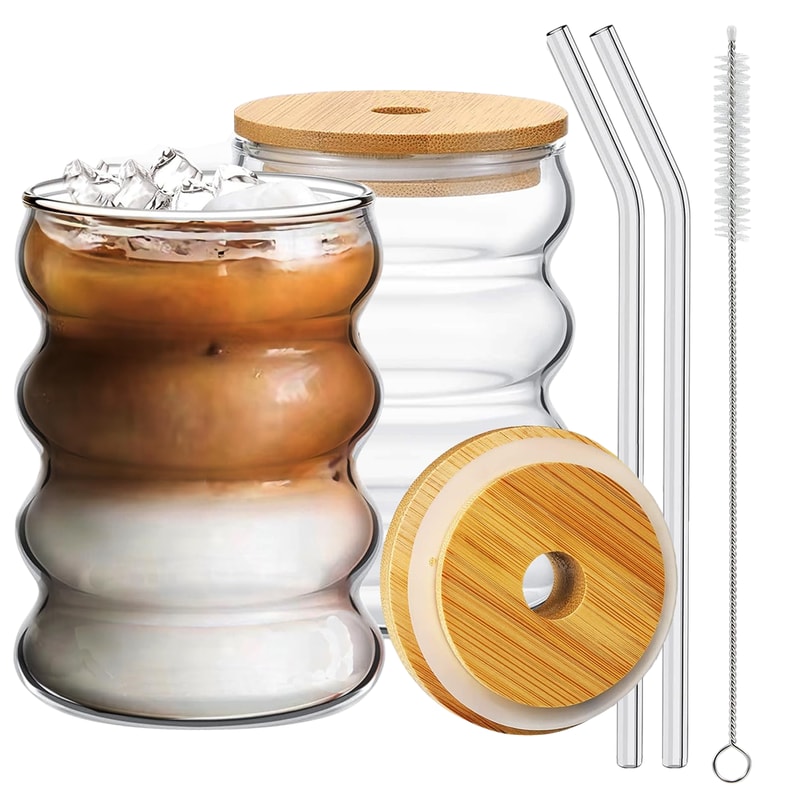 Wave Shape Beverage Glasses Set Glass Cups With Lids Straws For Juice Coffee Tea 0