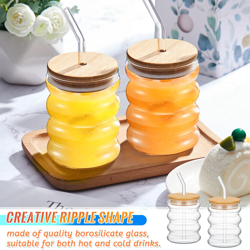 Wave Shape Beverage Glasses Set Glass Cups With Lids Straws For Juice Coffee Tea 1