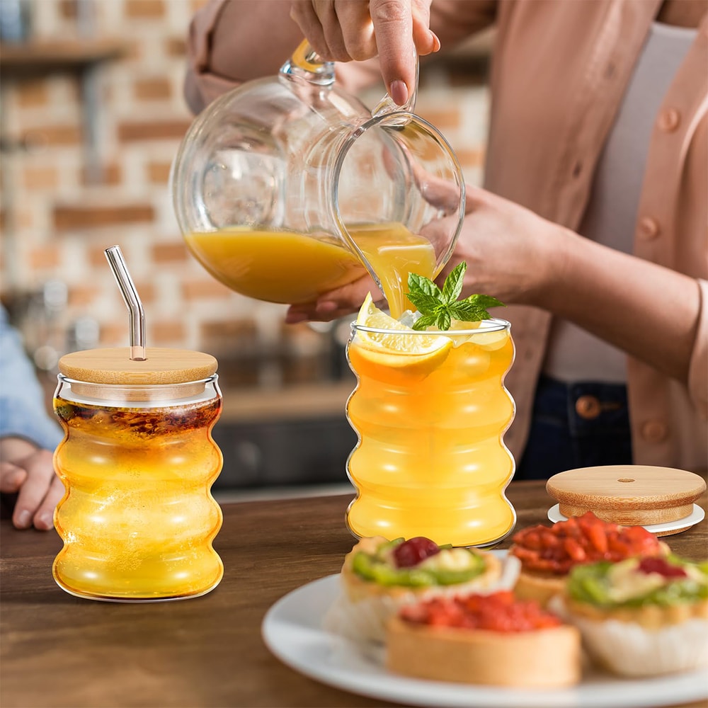 Wave Shape Beverage Glasses Set Glass Cups With Lids Straws For Juice Coffee Tea 3