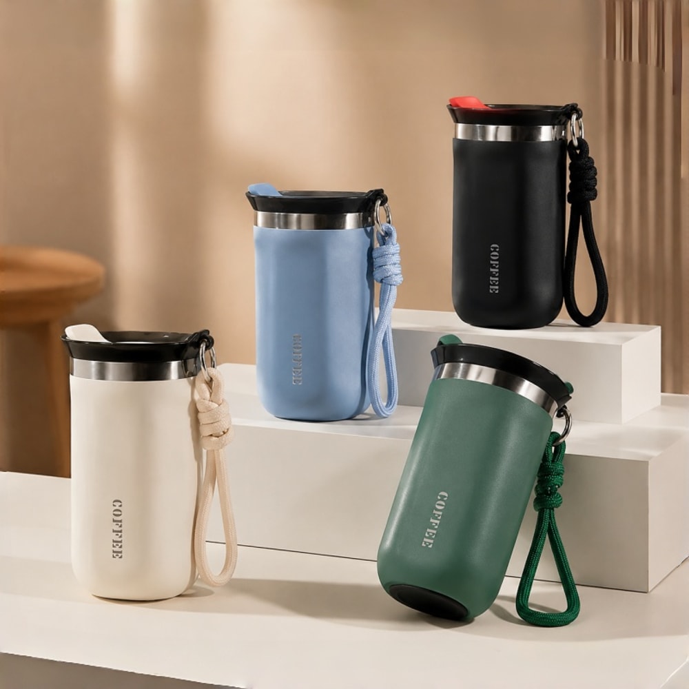 Insulated Coffee Tumbler Stainless Steel Travel Mug With Lid And Rope Handle 0