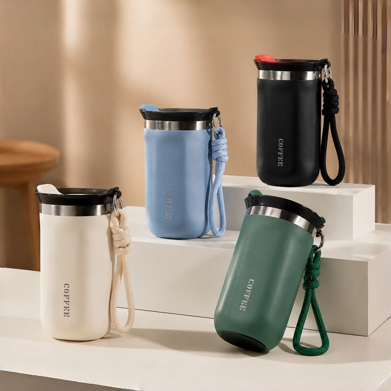 Insulated Coffee Tumbler Stainless Steel Travel Mug With Lid And Rope Handle 0