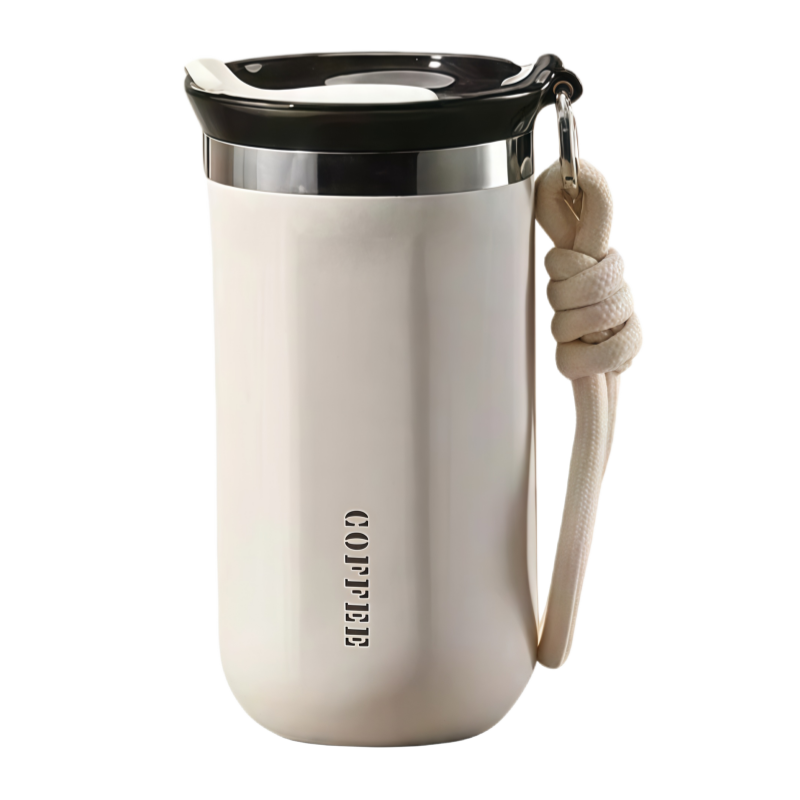 Insulated Coffee Tumbler Stainless Steel Travel Mug With Lid And Rope Handle 1