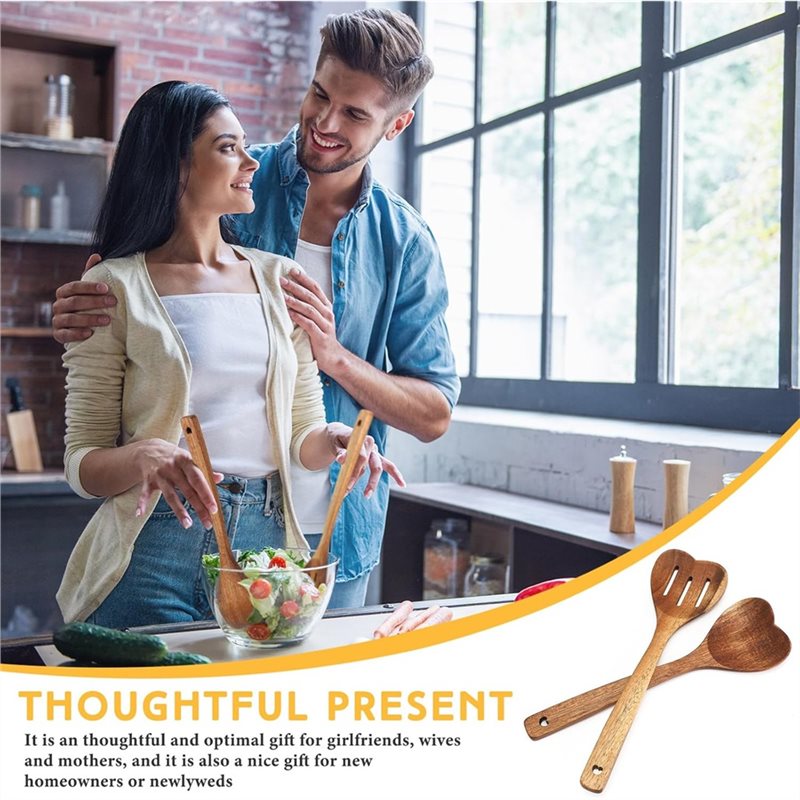 Heart Shaped Wooden Spoon Set For Cooking Long Handle Kitchen Gift 3