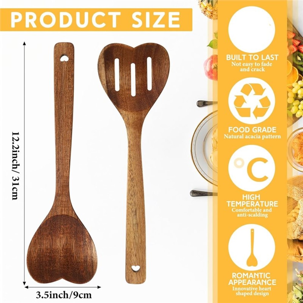 Heart Shaped Wooden Spoon Set For Cooking Long Handle Kitchen Gift 4