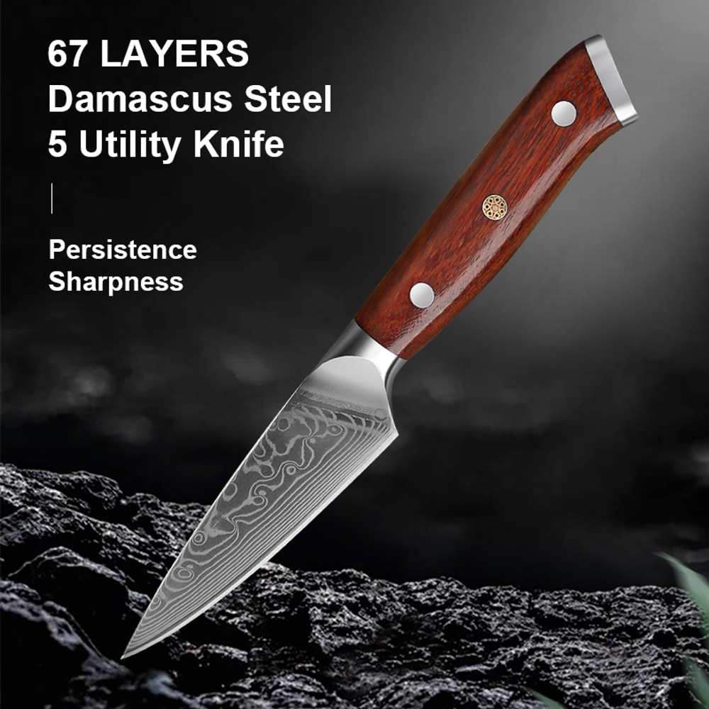 Damascus Paring Knife With Rosewood Handle For Precise Peeling Prep 1