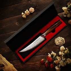 damascus steak knife with ebony handle for precision kitchen cutting