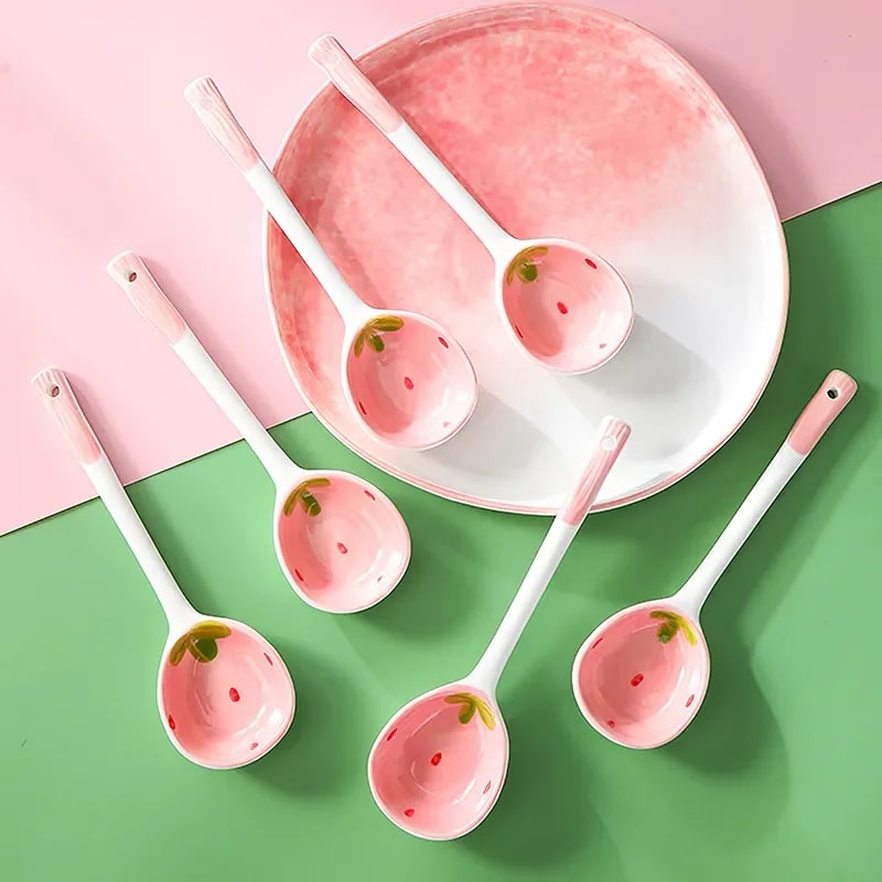 Kawaii Strawberry Ceramic Spoon Long Handle Dessert Soup Spoon 1