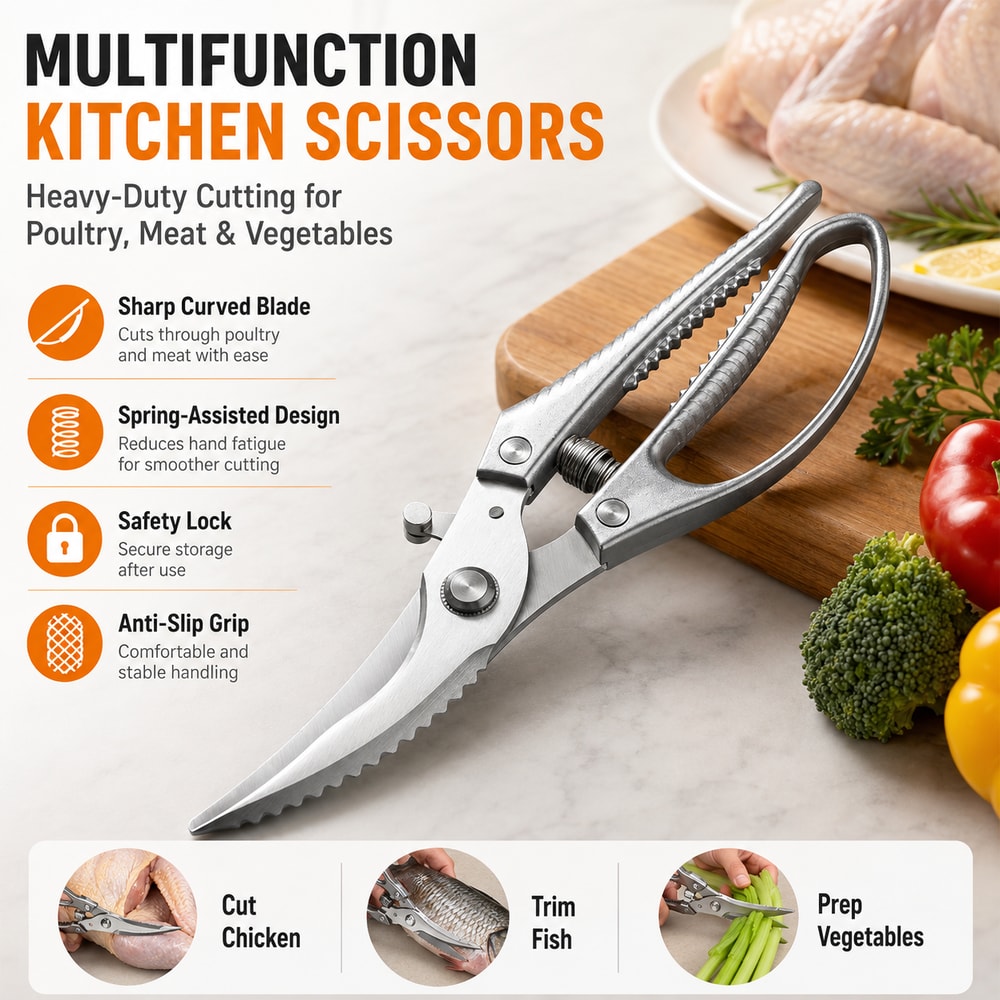Stainless Steel Chicken Bone Shears Heavy Duty Sharp Multi Purpose Kitchen Food Scissors 2