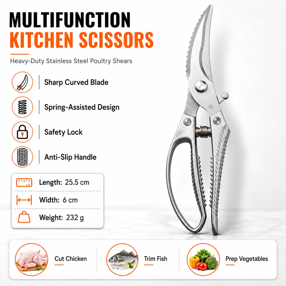 Stainless Steel Chicken Bone Shears Heavy Duty Sharp Multi Purpose Kitchen Food Scissors 3