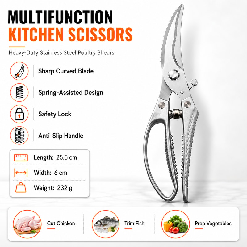 Stainless Steel Chicken Bone Shears Heavy Duty Sharp Multi Purpose Kitchen Food Scissors 3