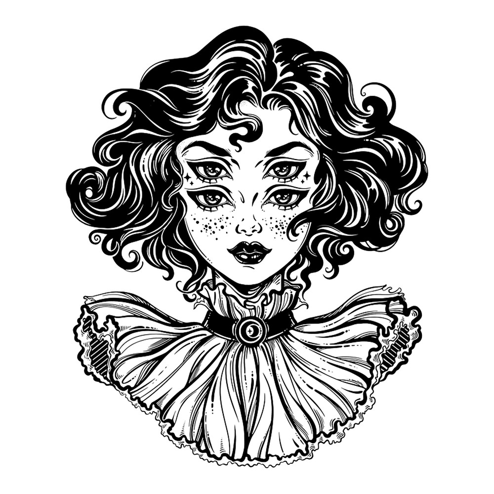 Gothic witch girl head portrait with curly hair and four eyes..png