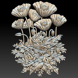 3D STL Model file Panel Bouquet of flowers Poppies for CNC Router Engraver Carving 3D Printing