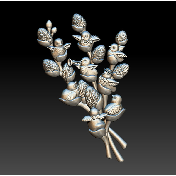 3D Model STL file Bas-relief Chickens on a willow branch