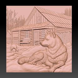 3D Model STL file Dog near a house in the forest for CNC Router