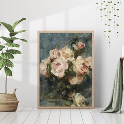 Moody Roses Vintage Flowers Bouquet Oil Painting Canvas Print Poster Frame Wall Art Rustic Still Life Country Farmhouse