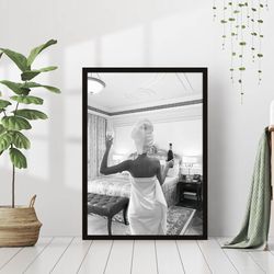 Woman Drinking Champagne in Bed Black and White Vintage Retro Photo Fashion Bedroom Wine Bar Wall Art Decor Poster Canva