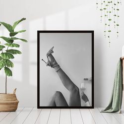 Woman Drinking Pink Champagne in Bubble Bath Black & White Vintage Retro Photo Fashion Bedroom Wall Art Decor Poster Can