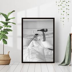 woman drinking wine high heels black & white vintage retro photo fashion bedroom happy hour bar wall art decor poster ca
