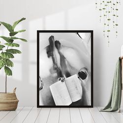 Woman Drinking Wine in Bed Black and White Vintage Retro Photo Fashion Bedroom Happy Hour Bar Wall Art Decor Poster Canv