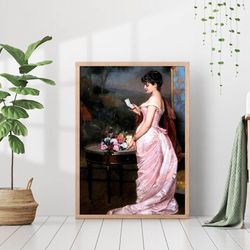 Woman Reading Book Vintage Portrait Canvas Print Poster Frame Famous Oil Painting Contemporary Retro Aesthetic Moody Wal