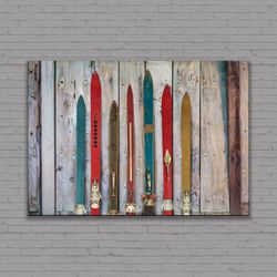 large old skis on canvas, oversized vintage ski poster, skiing wall art set, mountain house decor, ready to hang