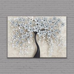 with white flowers canvas wall art, white cherry blossom poster, large wall art, palette knife painting, ready to hang
