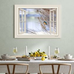 3d open window printed on canvas, kingfisher bird on a tree photography print, nature window view picture, housewarming