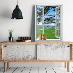 3d vertical open window printed on canvas, ready to hang canvas, summer landscape window view canvas art print, green an