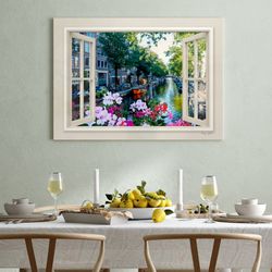 3d window view of the canals in amsterdam printed on canvas, pink geranium flowers open window canvas art, ready to hang