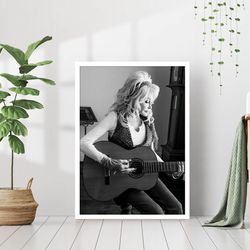 Dolly Parton Playing Acoustic Guitar Country Music Print Singer Poster Black White Retro Vintage Photography Canvas Fram