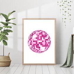 Pink Aesthetic Disco Ball Print Retro Poster Club Fashion Dance Party Canvas Framed Printed Preppy Trendy Funky Bar Cart