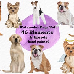 dog breeds clipart png graphic, watercolor dog, dog illustration