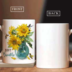 watercolor sunflower, blue crystal vase, colorful hummingbird - white mug gif