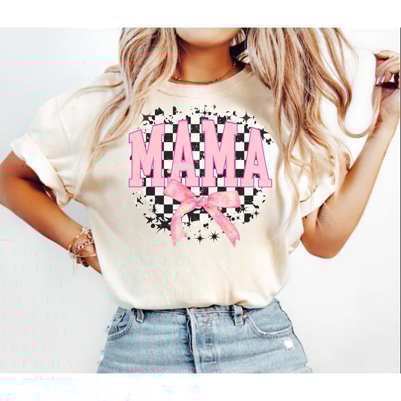 Checkered Mama Coquette Shirt, Soft Girl Era Mom Shirt, Coquette Style Mama Shirt, Mothers Day Gift, Trendy Mom Gift, New Mom Gift.jpg