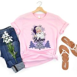 believe purple cute trees tee funny santa claus family christmas shirt adult ,holiday women party crew him gifted for