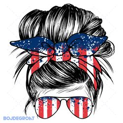 red white and blue america messy bun hair sunglasses svg, independence svg, fourth of july svg, messy bun hair svg, amer