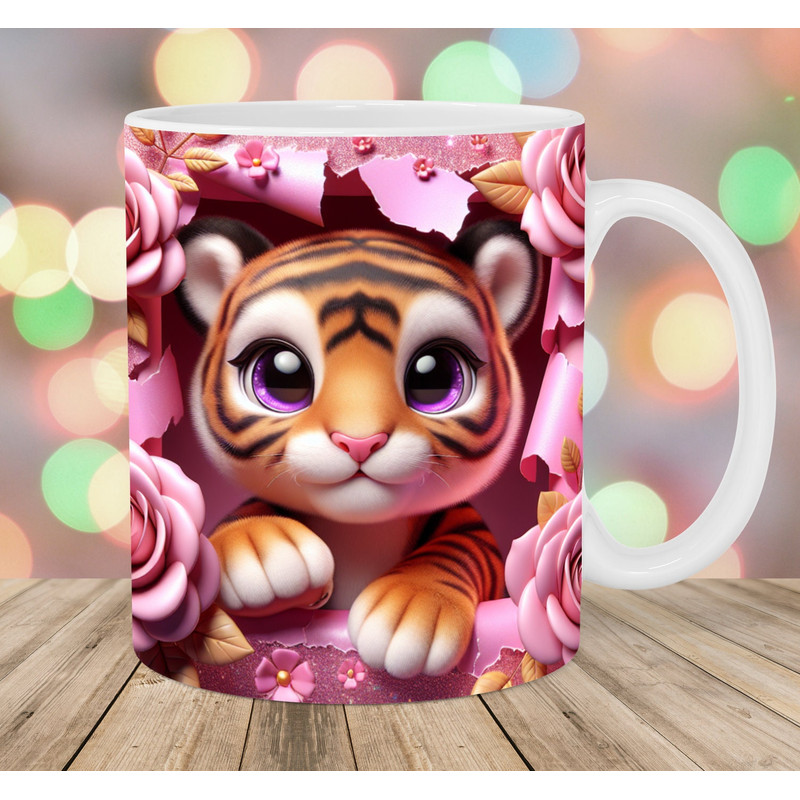 3D Baby Tiger Mug Wrap, 11oz and 15oz Mug Template, Hole In A Wall Mug Sublimation Design, Rose Mug Template, Instant Digital Download PNG.jpg