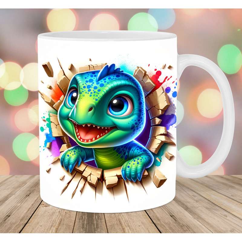 3D Cute Dinosaur Hole In A Wall Mug Wrap, 11oz & 15oz Mug Template, Mug Sublimation Design, Mug Wrap Template, Instant Digital Download PNG.jpg