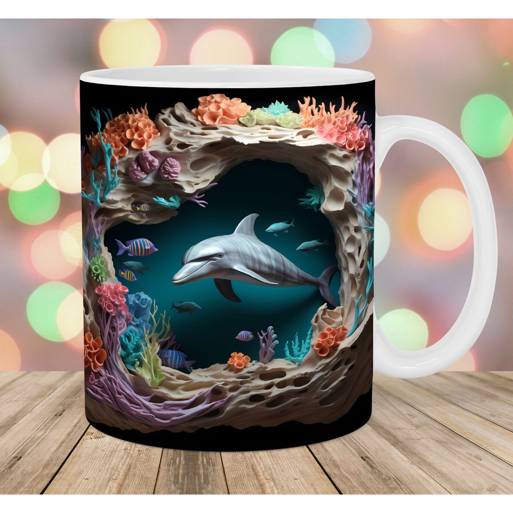 3D Dolphin Hole In A Wall Mug Wrap, 11oz & 15oz Mug Template, Mug Sublimation Design, Ocean Mug Wrap Template, Instant Digital Download PNG.jpg