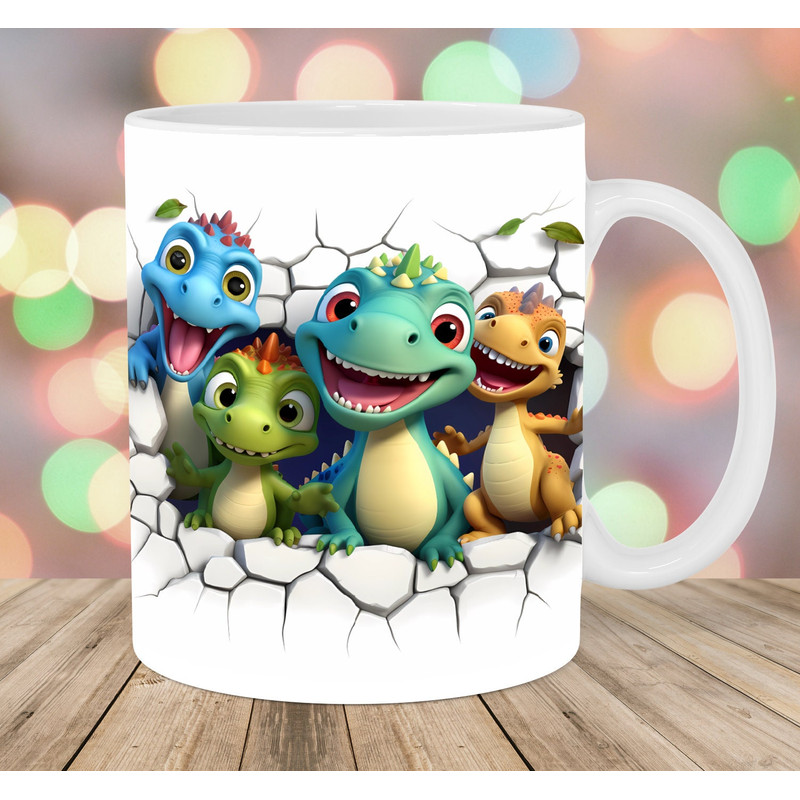 3D Four Dinosaurs Mug Wrap, 11oz & 15oz Mug Template, Mug Sublimation Design, Hole In A Wall Mug Wrap Template, Instant Digital Download PNG.jpg
