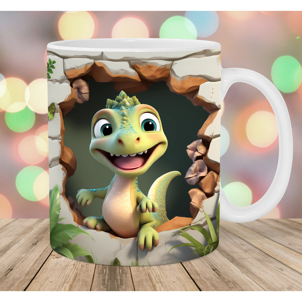 3D Green Dinosaur Hole In A Wall Mug Wrap, 11oz & 15oz Mug Template, Mug Sublimation Design, Mug Wrap Template, Instant Digital Download PNG 1.jpg