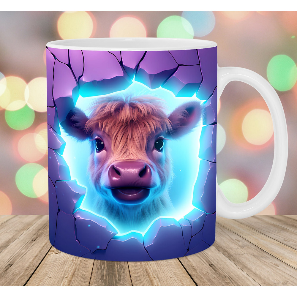 3D Highland Cow Hole In A Wall Mug Wrap, 11oz & 15oz Mug Template, Mug Sublimation Design, Neon Mug Template, Instant Digital Download PNG.jpg