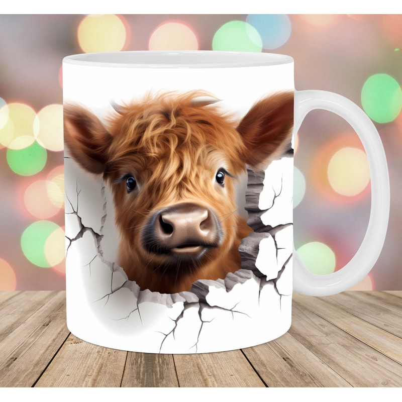 3D Highland Cow Hole In A Wall Mug Wrap, 11oz And 15oz Mug Template, Mug Sublimation Design, Mug Wrap Template, Instant Digital Download PNG.jpg