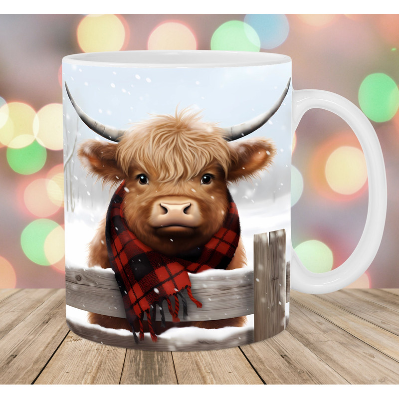 3D Highland Cow Mug Wrap, 11oz & 15oz Mug Template, Winter Mug Sublimation Design, Christmas Mug Wrap Template, Instant Digital Download PNG.jpg