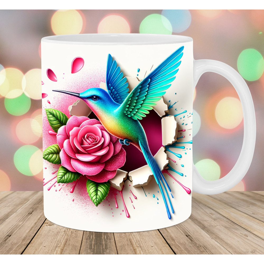 3D Hummingbird Mug Wrap, 11oz & 15oz Mug Template, Hole In A Wall Mug Sublimation Design, Rose Mug Template, Instant Digital Download PNG.jpg